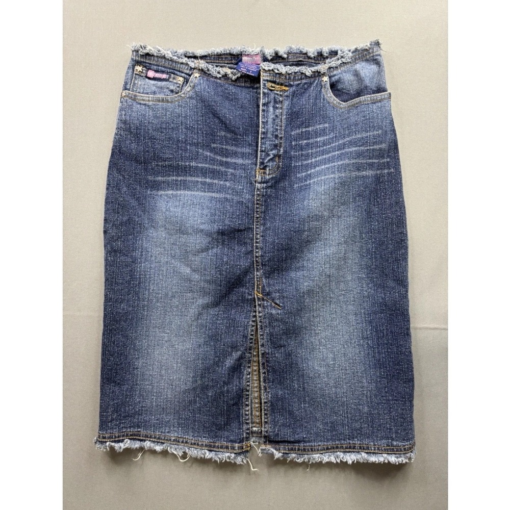 Bubblegum Denim Skirt Womens Blue Star Studded Frayed Raw Hem Midi 11/12
